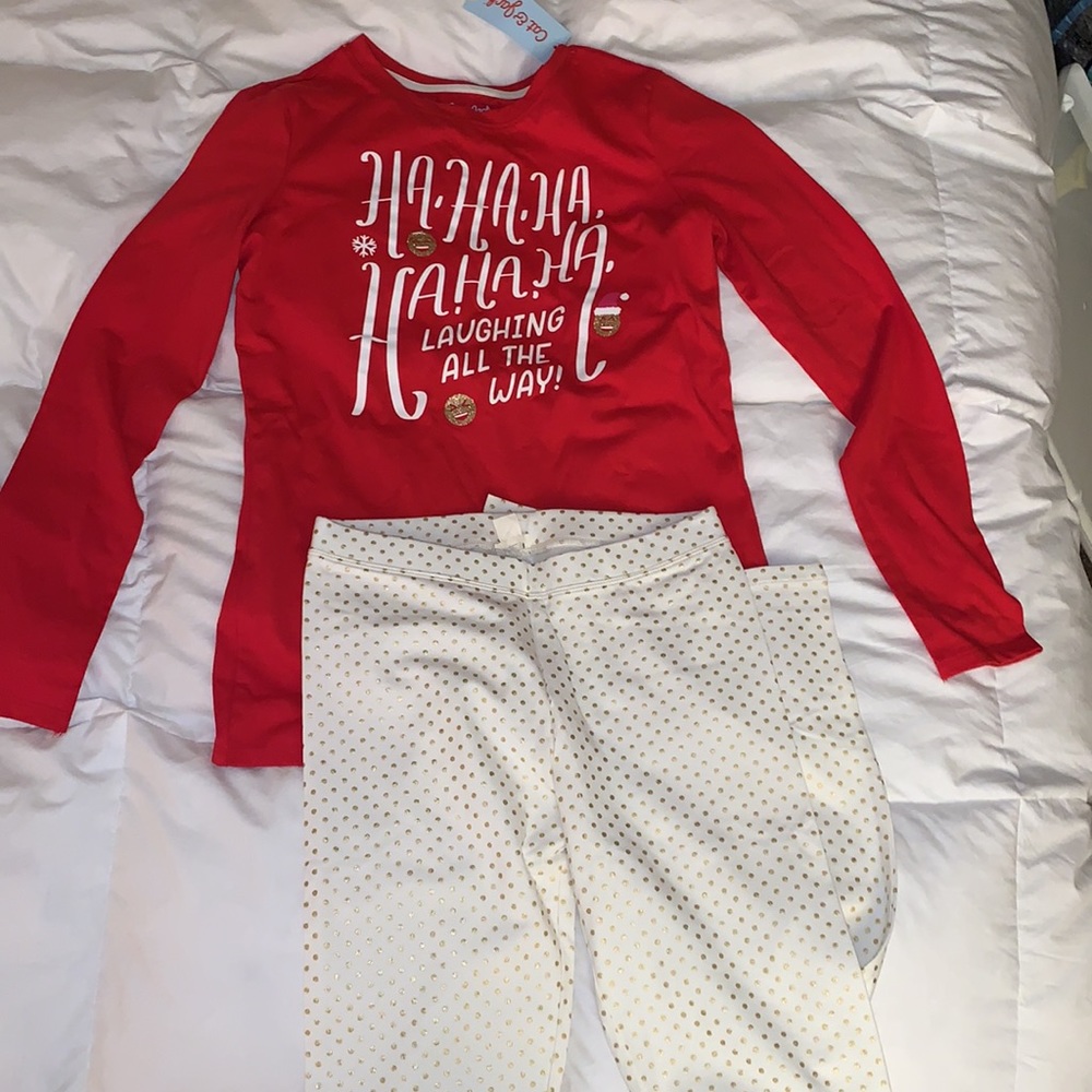 Crewcuts full length leggings white and gold 16 and long sleeve Christmas shirt